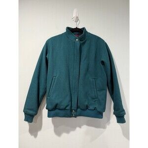 Vintage LL Bean Wool Bomber Jacket Womens Medium Green Full Zip Flannel Lining